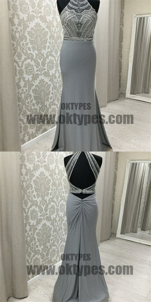 Grey Long Top Beaded Open Back Halter Prom Dresses, Sexy Prom Dresses, TYP0585