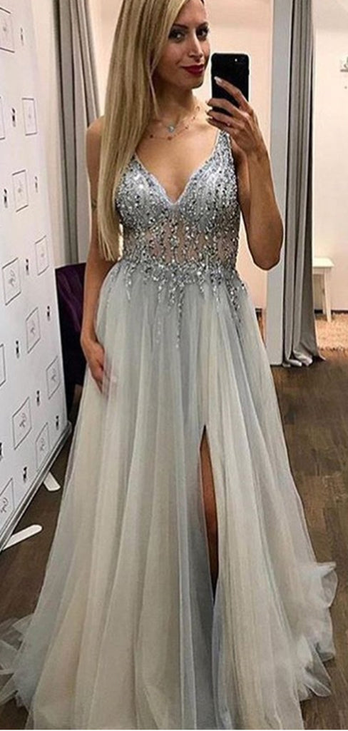 A-Line V-Neck Long Cheap Sleeveless Grey Tulle Prom Dresses with Beading, TYP1295