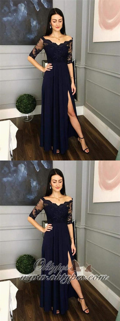 Navy Blue Half Sleeves Side Slit A Line Lace Prom Party Dresses, TYP1446