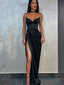 Sheath Sexy V-neck Side Slit Black Soft Satin Long Cheap Evening Dresses, Prom Dresses, PDS0054