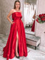 Charming Simple Red Satin Strapless Sleeveless A-line Long Cheap Side Slit Prom Dresses With Pockets, PDS0036