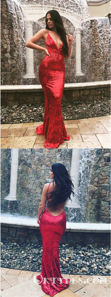 Mermaid Spaghetti Straps Backless Red Sequined Evening Prom Dresses, TYP1688