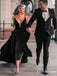 Charming Elegant Sexy V-neck Black Jersey Spaghetti Straps Long Cheap A-line Evening Prom Dresses, PDS0045