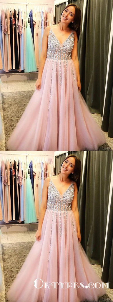 Shining Pink Tulle V-neck  A-line Prom Dresses With Rhinestones, TYP1645