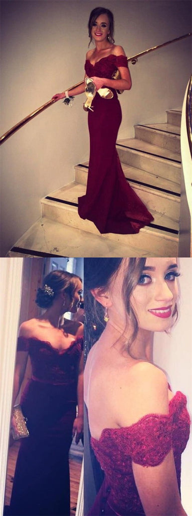 Dark Red Off Shoulder Long Mermaid Lace Prom Evening Dresses, TYP1128