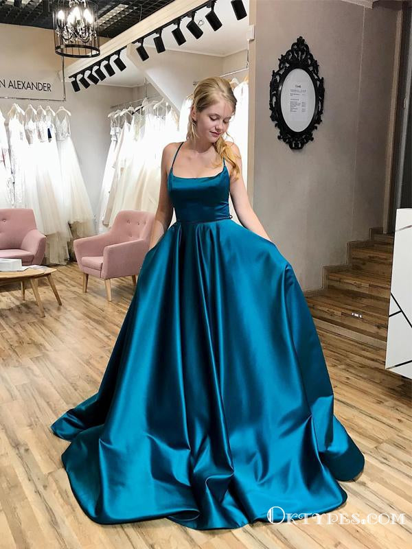 Newest A-Line Chic Scoop Criss Cross Straps Long Simple Long Cheap Satin Prom Dresses with Pockets, PDS0031