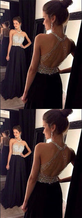 Long Halter Sleeveless Beaded Open Back Black Chiffon Prom Dresses Online, TYP1129