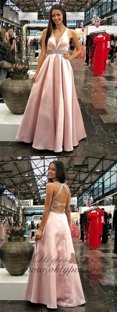 Charming Pink V-neck Long Cheap Prom Dresses With Beaded, TYP1602