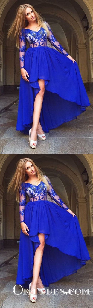 A-Line V-Neck High Low Blue Long Cheap Chiffon Prom Dresses With Applique, TYP1798