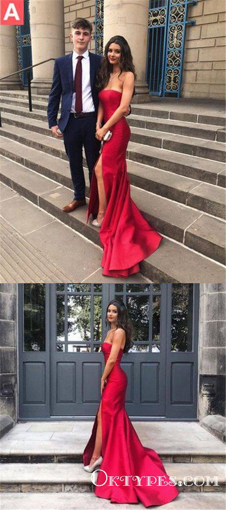 Simple Red Long Cheap Mermaid Strapless Prom Dresses Online, TYP1842