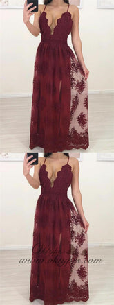 Burgundy Spaghetti Strap Tulle Lace A-line Occasion Party Prom Dresses, TYP1447