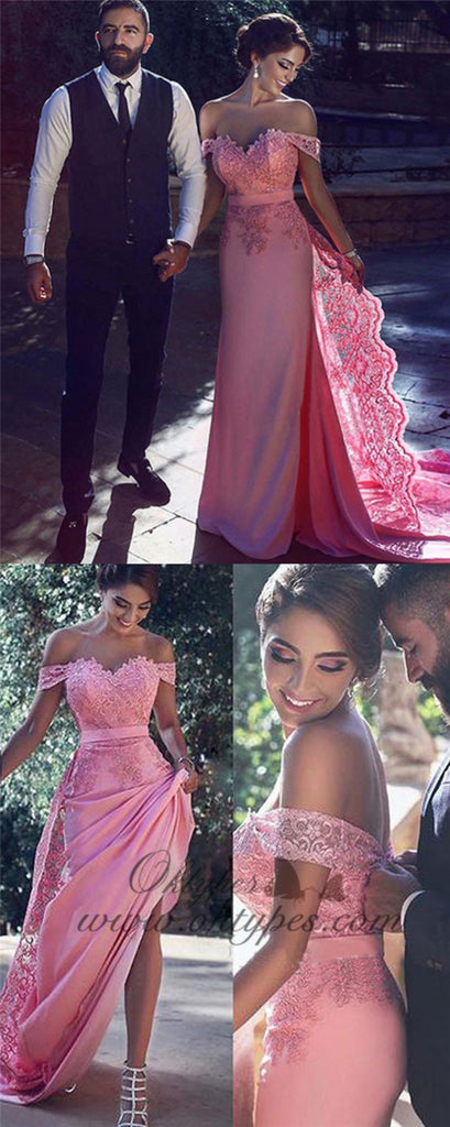 Sheath Off-the-Shoulder Long Cheap Pink Prom Dresses with Lace Sash, TYP1308