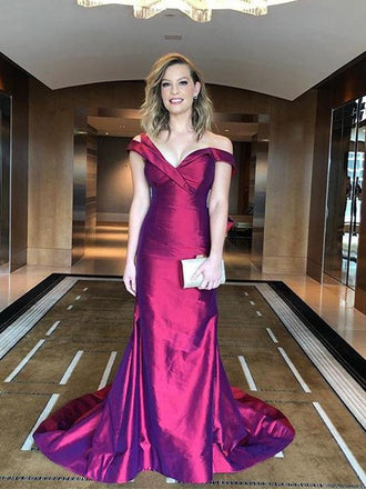 Off-The-Shoulder Sleeveless Rose Pink Satin Mermaid Long Cheap Formal Evening Prom Dresses, PDS0079