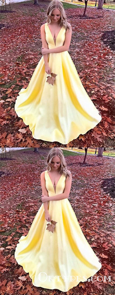 Simple Yellow V Neck A Line Satin Long Cheap Prom Dresses, TYP1784