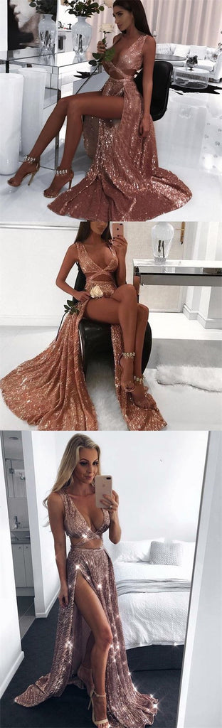 Charming Sexy Sequin Sparkly Simple Rose Gold Prom Dresses, TYP1121