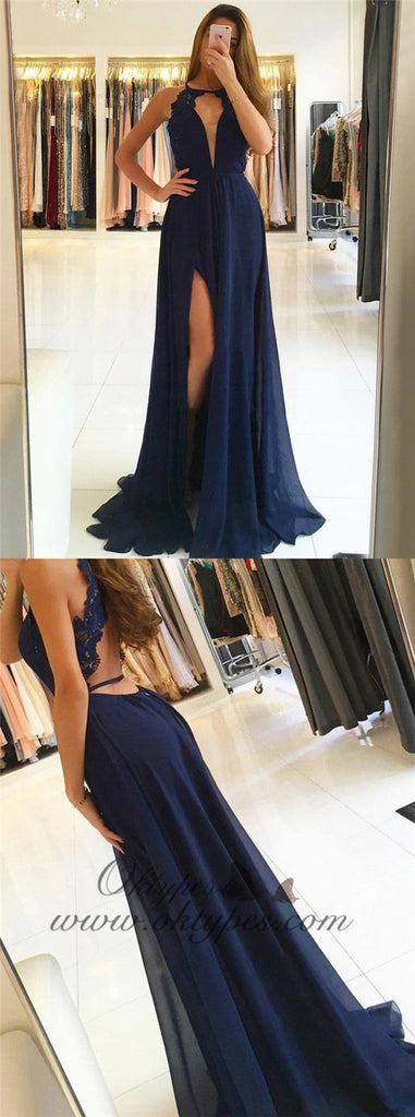 A-Line Round Halter Navy Blue Chiffon Prom Dresses with Lace Split, TYP1528