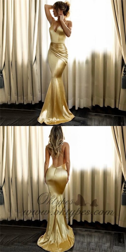 Mermaid V-Neck Long Cheap Backless Gold Satin Prom Dresses, TYP1276