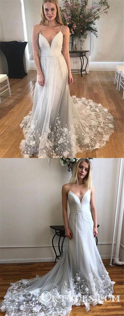 Unique Spaghetti Strap Long Cheap Tulle Prom Dresses With Lace Applique, TYP1901
