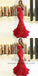 Mermaid Spaghetti Straps Sweep Train Red Tulle Prom Dresses with Lace&Beading, TYP1258