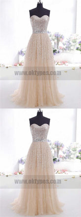 A-line/Princess Sweetheart Zipper Back Sequins Tulle Floor-length Prom Dresses with Beaded, TYP0749
