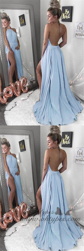 Sexy Halter Light Blue Backless Chiffon Long Prom Dresses with Split, TYP1438
