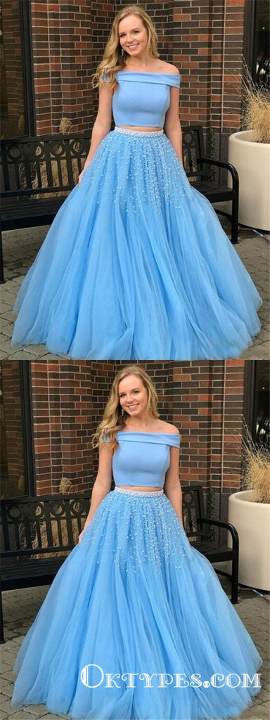 Two Piece Off-the-Shoulder Blue Sweep Train Prom Dresses with Beading, TYP1869