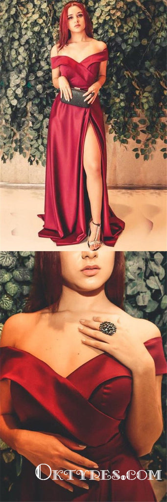 Simple Burgundy Off the Shoulder Slit-side  Long Cheap Prom Dresses, TYP1793