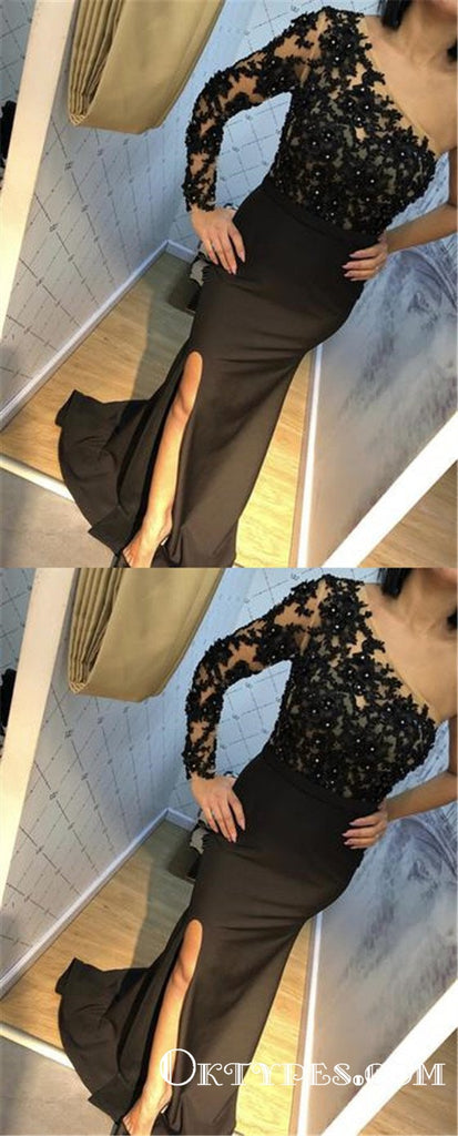 Lace Embroidery One Shoulder Split Mermaid Gowns Prom Dresses, TYP1918