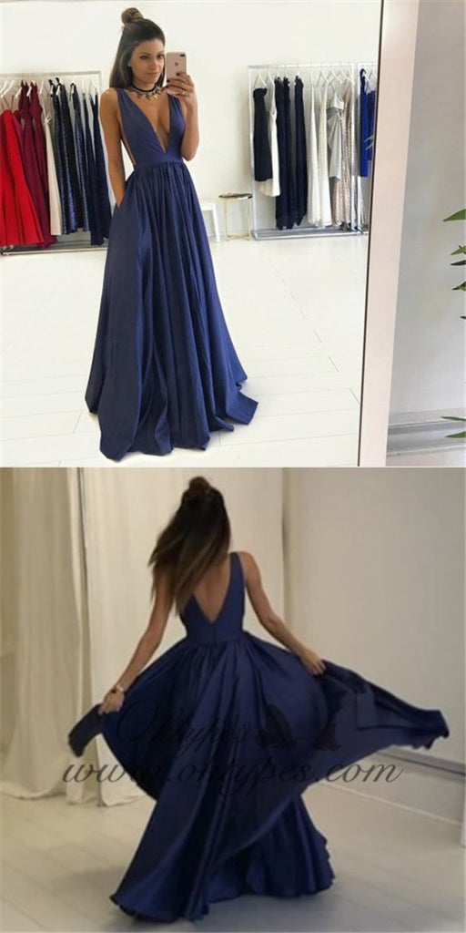 Sexy A-Line Deep V-Neck Dark Blue Prom Dresses with Pockets, TYP1256