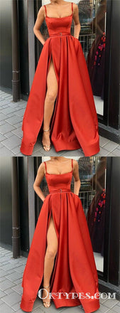 Red  Spaghetti Straps Pockets Long Evening Gowns Prom Dresses, TYP1666
