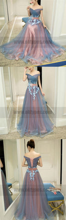 Newest Floor-length Two Piece Lace Appliques  Printed Round Neck Long Prom Dresses, TYP0748