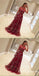 A-Line Crew Long Flower Print Burgundy Tulle Prom Dresses, TYP1812