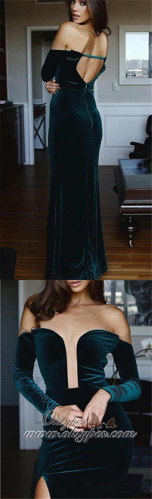 Elegant Emerald Green Long Sheath Velvet Long Sleeves Prom Dresses, TYP1587