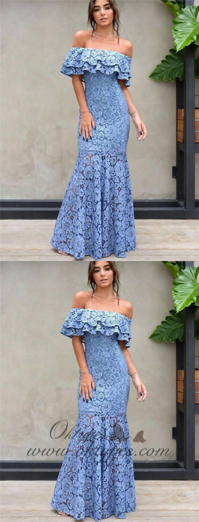 Mermaid Off-the-Shoulder Blue Lace Prom Dresses with Ruffles, TYP1310