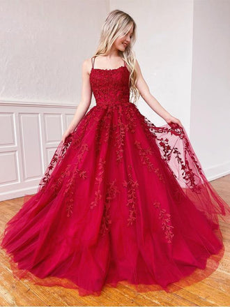 Popular Red Tulle Lace Appliques Spaghetti Strap Long Cheap Formal Party Gowns  Prom Dresses, PDS0066