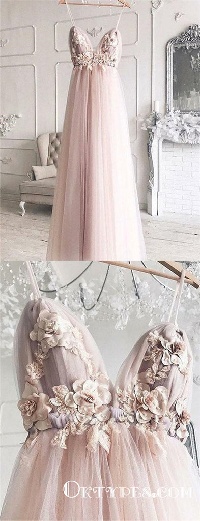 Pink Tulle Spaghetti Straps Appliques Evening  Long Prom Dresses, TYP1743