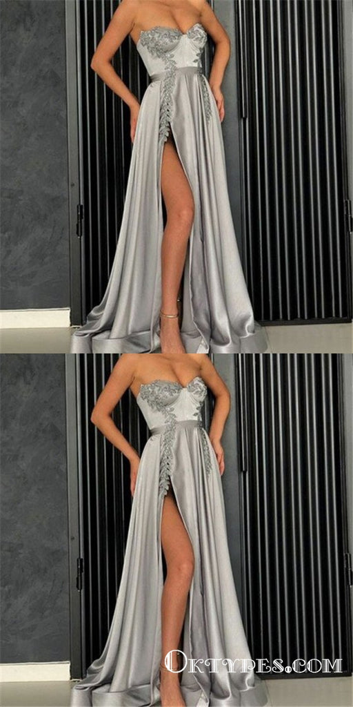 A-Line Sweetheart Grey Long Prom Dresses with Appliques&Slit, TYP1622