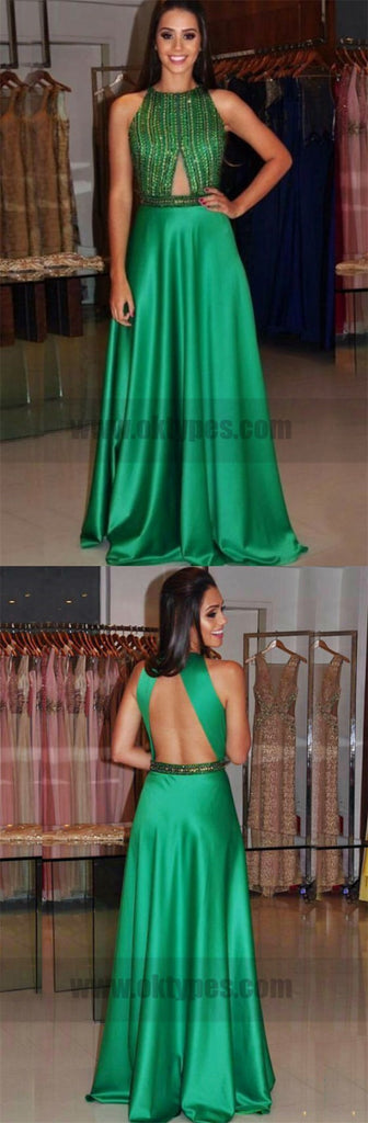 Cheap Sleeveless Green Prom  Dresses Appealing Long A-line  Keyhole Open-back Dresses, TYP0724