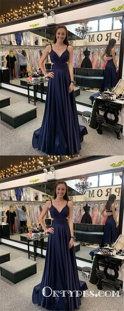 Simple A-Line Navy Blue Long Prom Dresses with Open Back, TYP1722