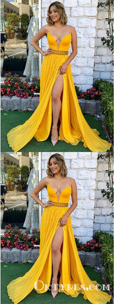 Sexy Deep V-Neck Long Cheap Split Yellow Prom Dresses with Beaded, TYP1681