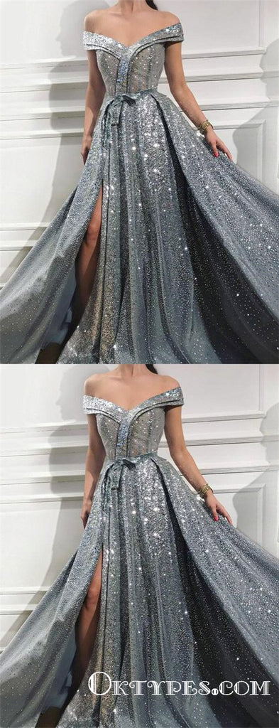 Off The Shoulder Gray Long Split Front Evening Party Prom Dresses, TYP1747