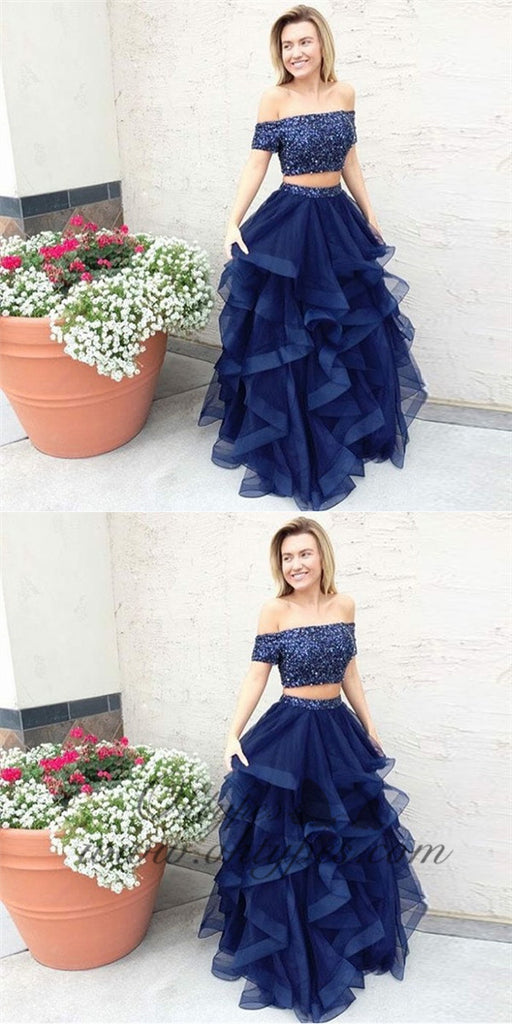 Two Piece Off the Shoulder Navy Blue Tulle Prom Dresses with Beading, TYP1269