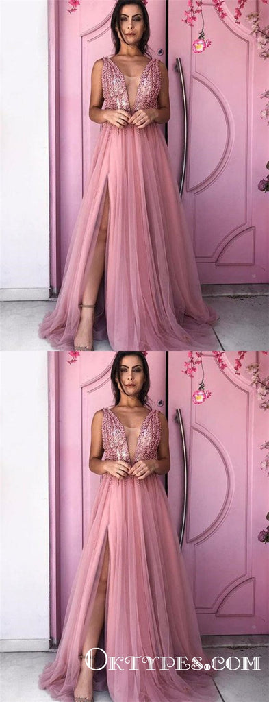 V Neck Pink Long Evening Party Dresses Split Prom Dresses With Beading, TYP1706