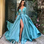 Elegant Satin V-Neck 3/4 Sleeves Side Slit A-Line Long Prom Dresses,PDS0813