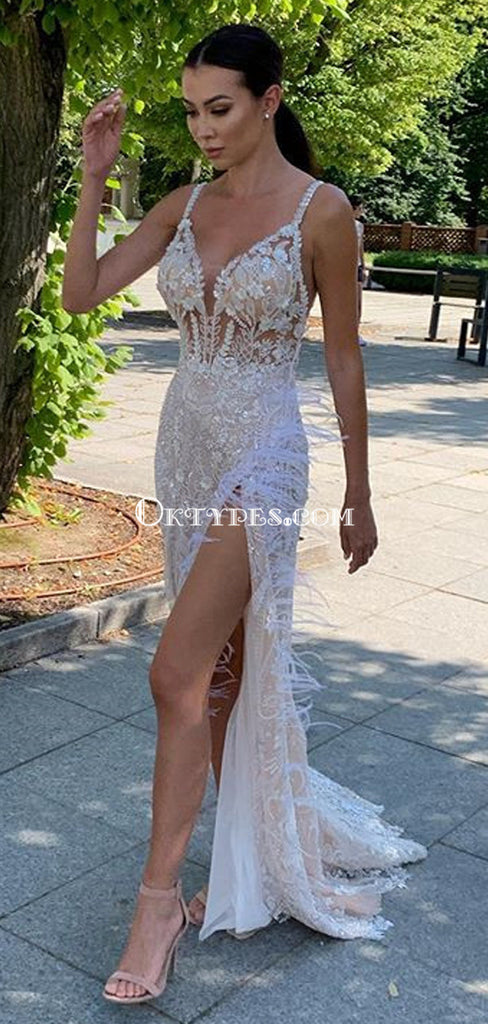 Sexy V-neck Lace Side Slit Mermaid Long Cheap Prom Dresses, PDS0116