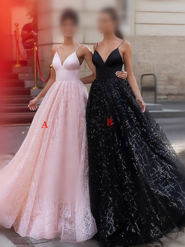 New Arrival Spaghetti Strap Pink&Black Lace A-line Long Cheap Prom Dresses, PDS0119