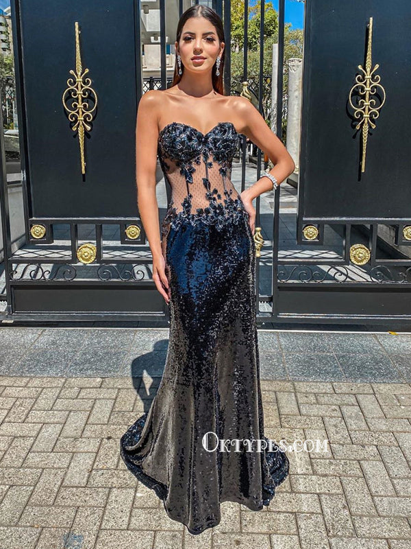 Sexy Black Flowers Illusion Sequins Mermaid Long Prom Dresses, PDS0124