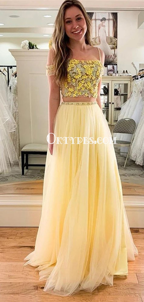 Two-pieces Yellow Applique A-line Tulle Long Prom Dresses, PDS0131