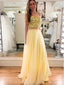 Two-pieces Yellow Applique A-line Tulle Long Prom Dresses, PDS0131