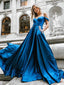 Dark Blue Off-shoulder A-ine Stain Long Prom Dresses, PDS0134
